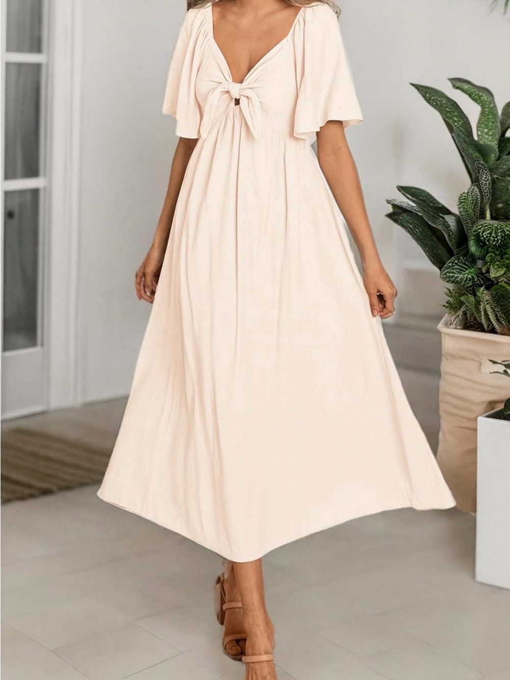 PRETTYGARDEN Cream Bow Front Midi Dress – NWT 🤍 Size-M